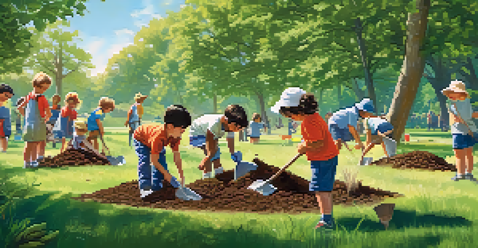 Children planting trees in an outdoor classroom, engaging in conservation activities under a bright blue sky and surrounded by greenery.
