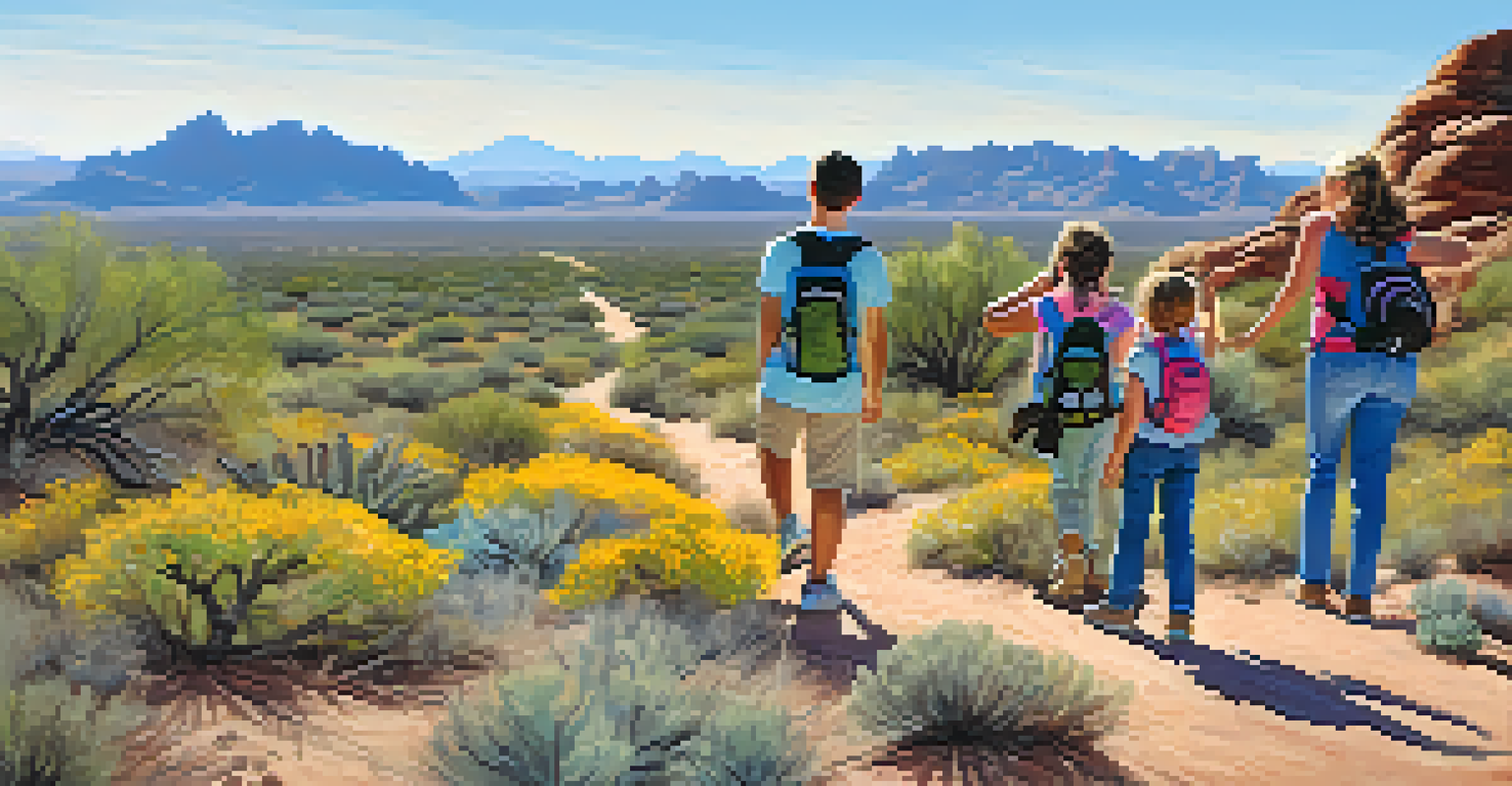 A family enjoying a hike on a nature trail, surrounded by desert plants and flowers.