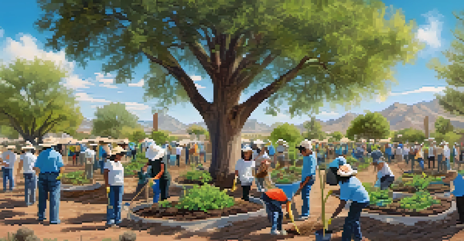 Volunteers planting trees in a park for wildlife conservation under a clear blue sky.