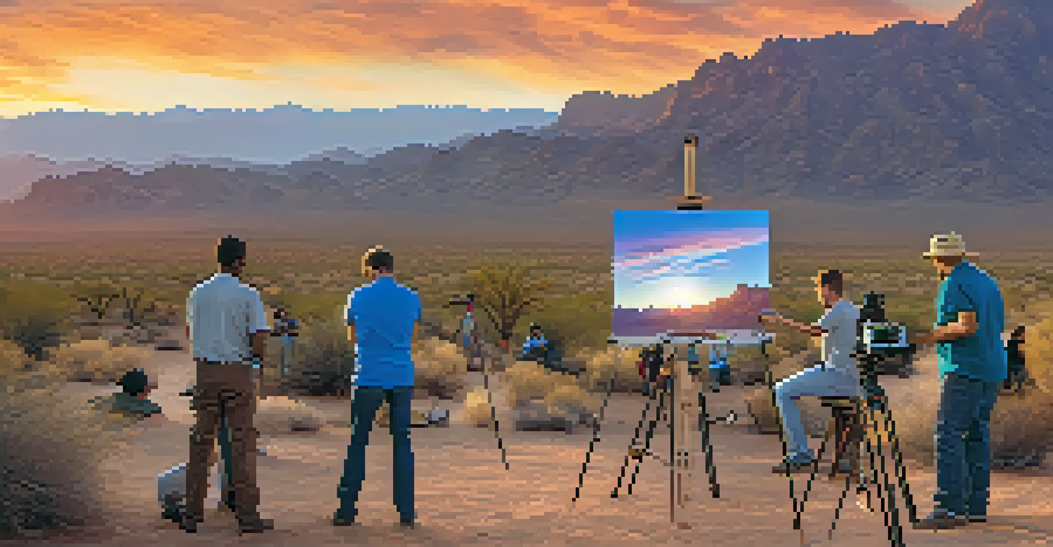 Participants in an outdoor photography workshop capturing the sunset in the Sonoran Desert, with mountains and colorful clouds in the background.