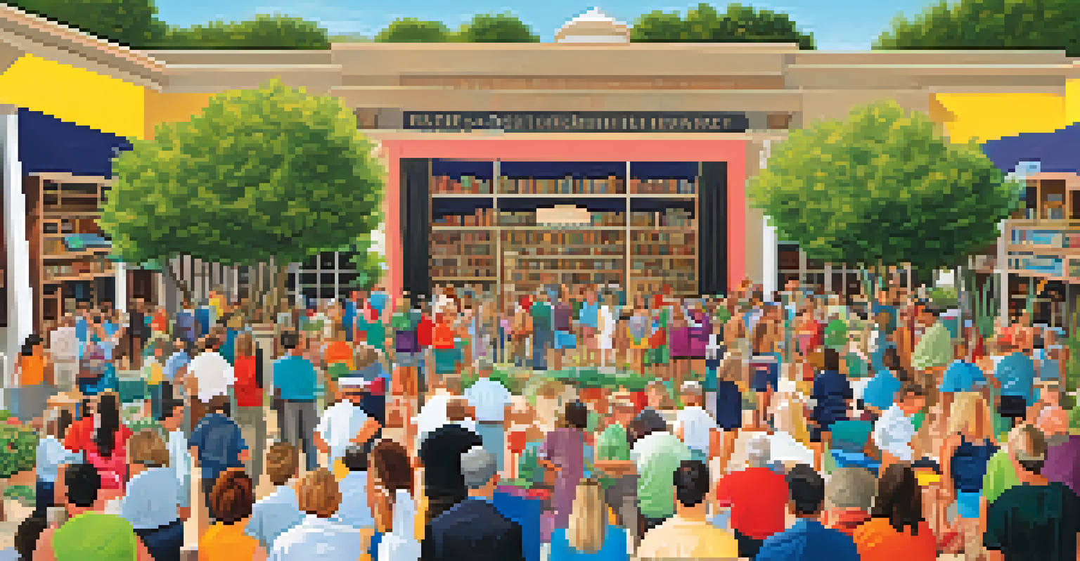 An outdoor library event with an exhibition, families browsing artifacts, and a vibrant community atmosphere.