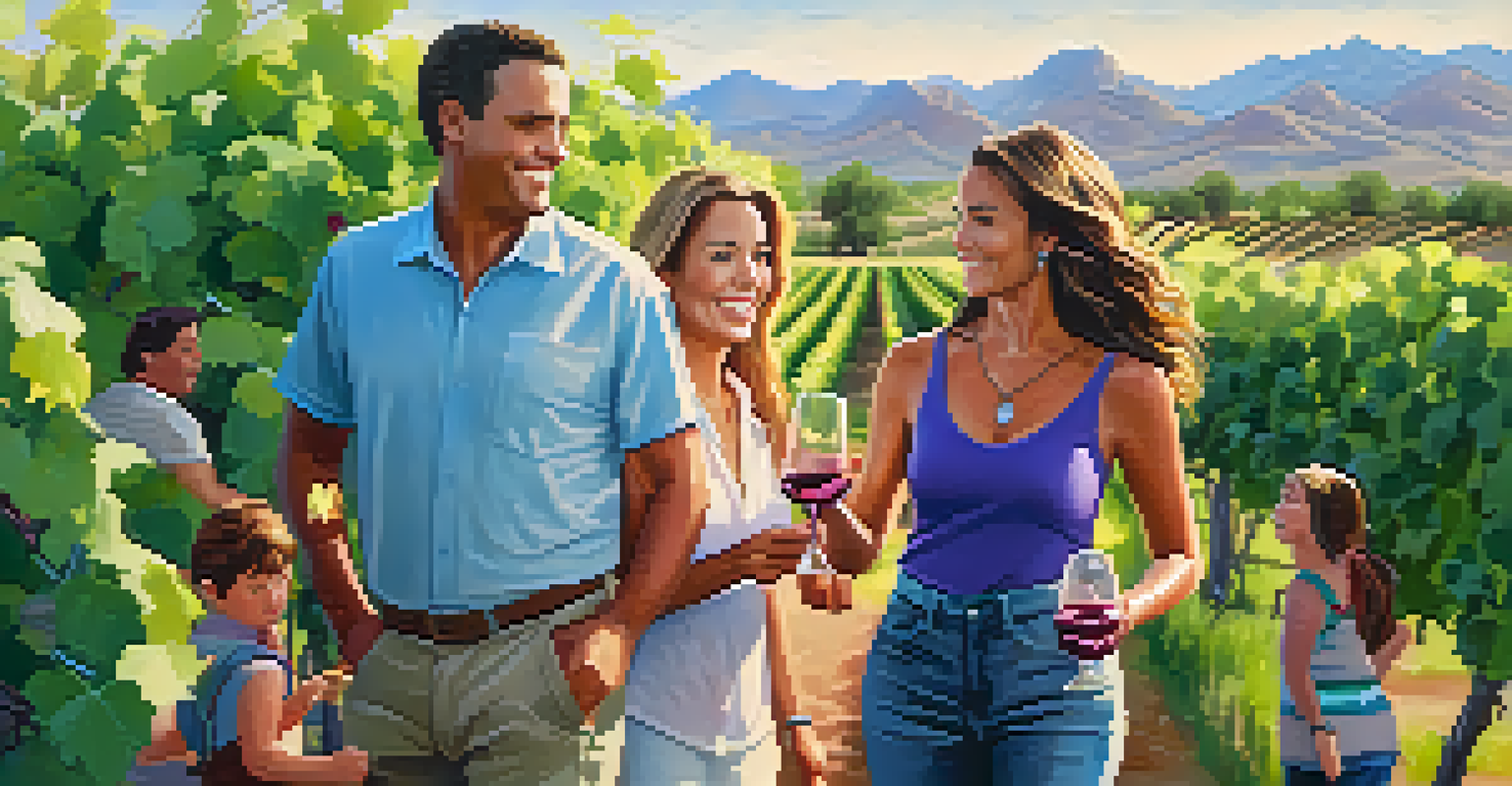 A group of people on a wine tour in Scottsdale, walking through a vineyard and enjoying wine tasting.