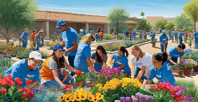 A diverse group of volunteers planting flowers in a public park under a clear blue sky, surrounded by colorful flowers and gardening tools.