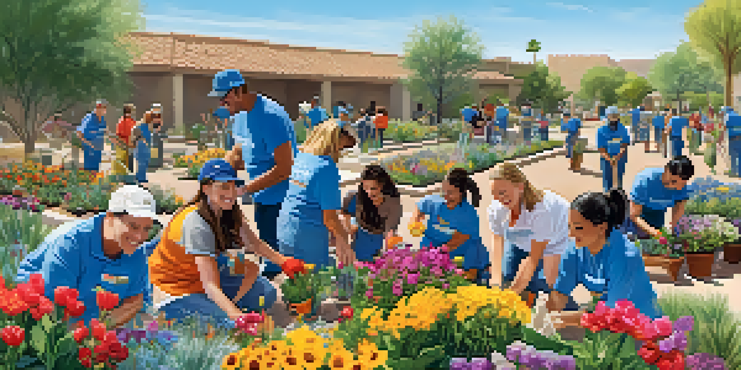 A diverse group of volunteers planting flowers in a public park under a clear blue sky, surrounded by colorful flowers and gardening tools.