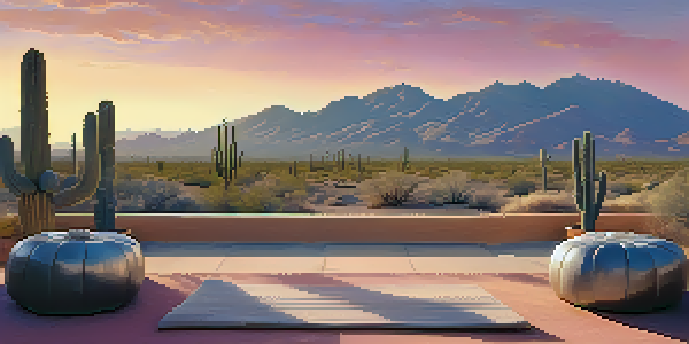A tranquil desert landscape at sunrise with a yoga setup under a cactus.