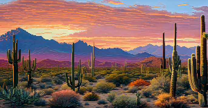 A scenic view of the McDowell Sonoran Preserve at sunset with mountains and desert plants.