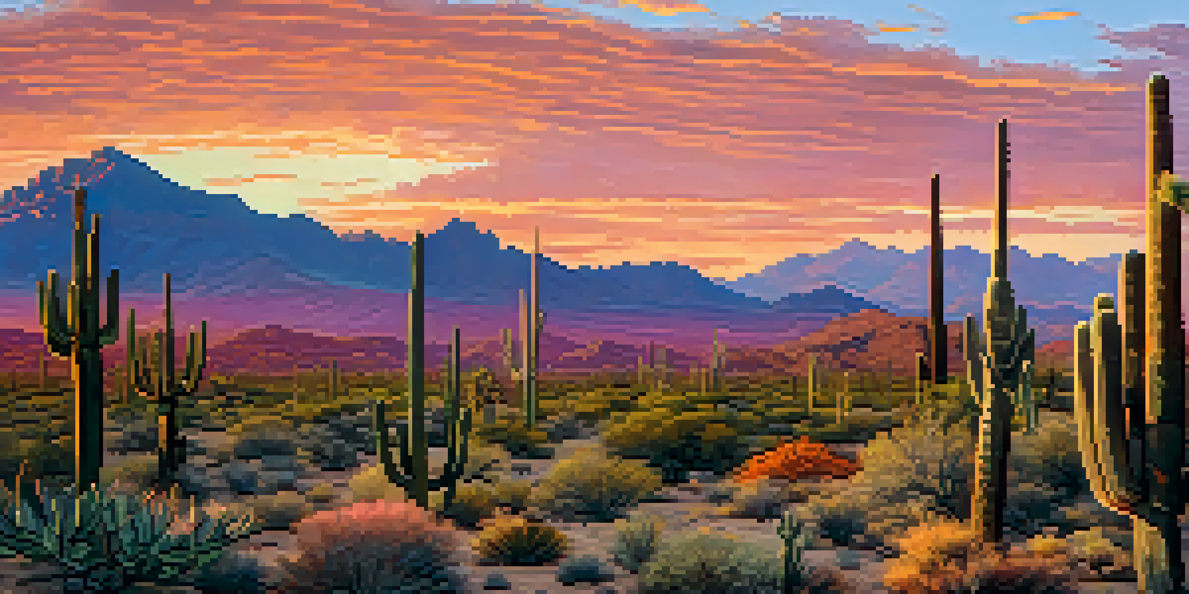 A scenic view of the McDowell Sonoran Preserve at sunset with mountains and desert plants.