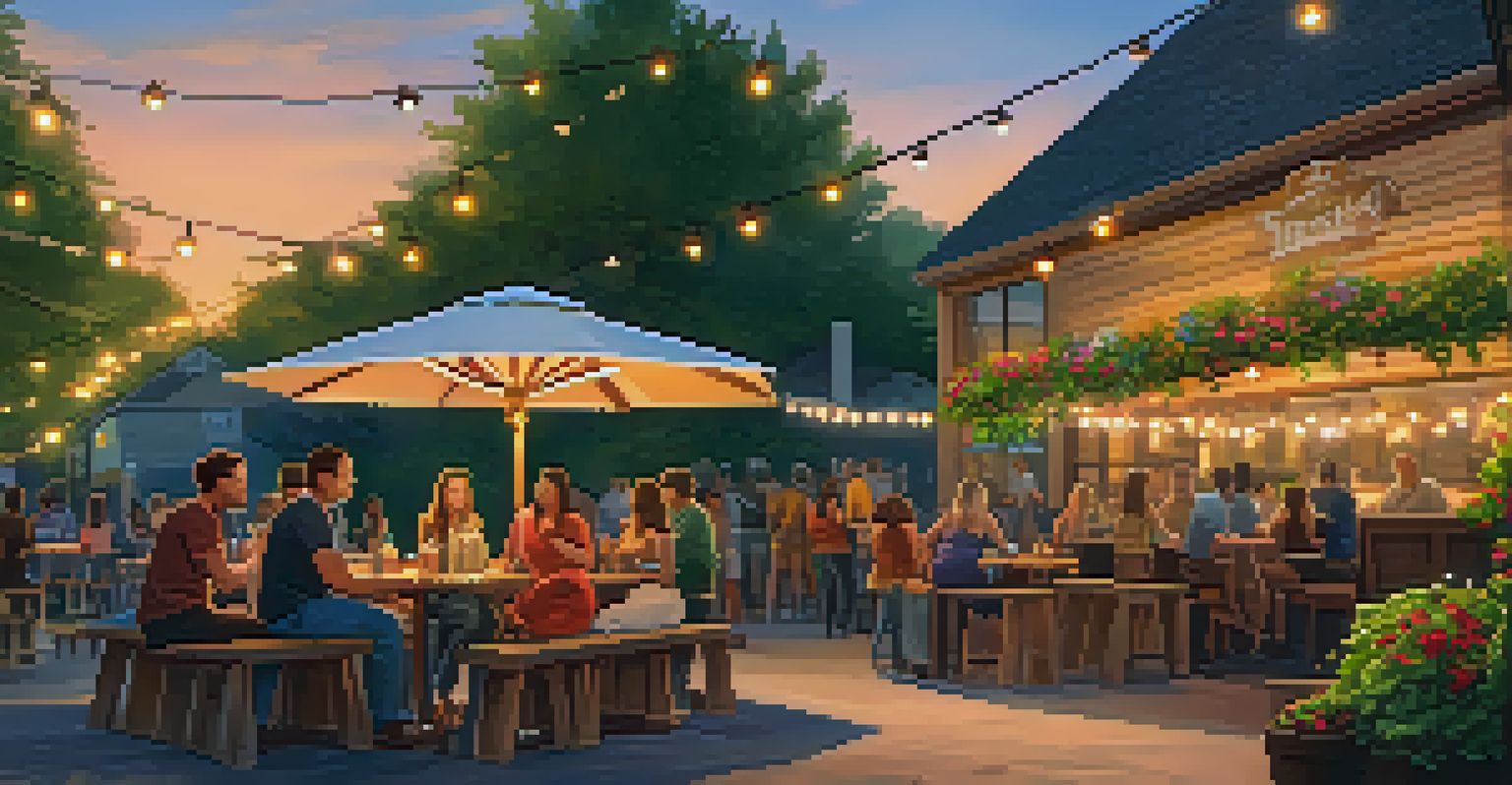 An outdoor patio of a brewery filled with guests enjoying beer and food, surrounded by greenery and colorful flowers, under string lights at sunset.