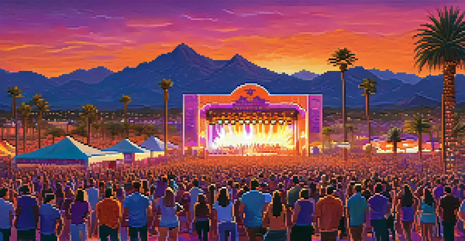 A lively outdoor music festival in Scottsdale at sunset with a crowd enjoying performances under colorful lights and palm trees.