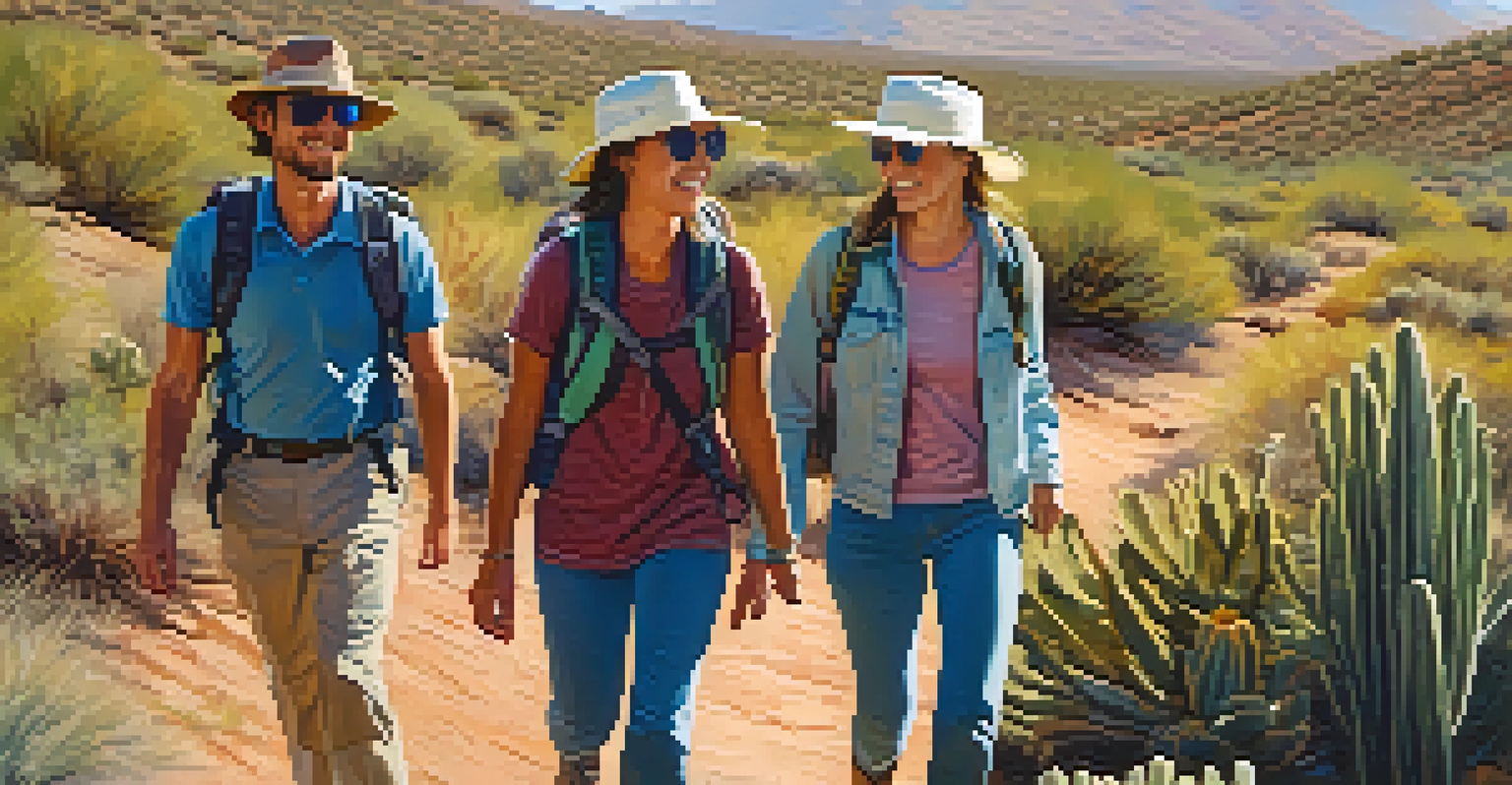 A group of friends hiking together on a sunny trail in the desert, showcasing teamwork and enjoyment.