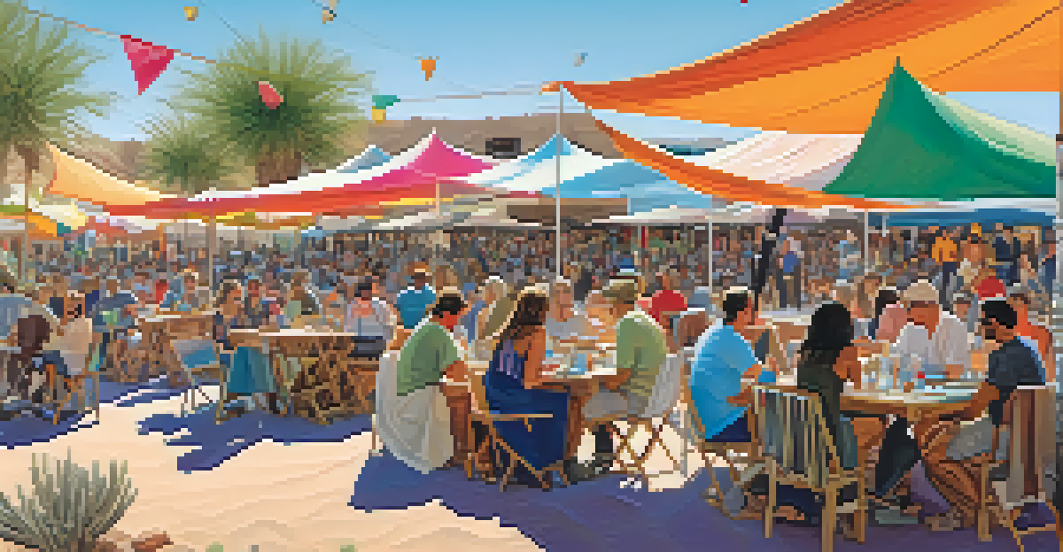 A lively outdoor literary festival with authors, tents, and a beautiful desert landscape in the background.