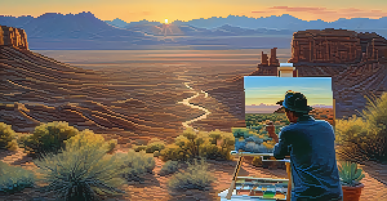 An artist painting a sunset desert landscape on canvas, surrounded by colorful paint and a palette, with the sun setting in the background.