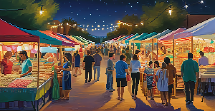 A bustling night market in Scottsdale with colorful stalls, shoppers exploring handmade goods, and food vendors under a starry sky.