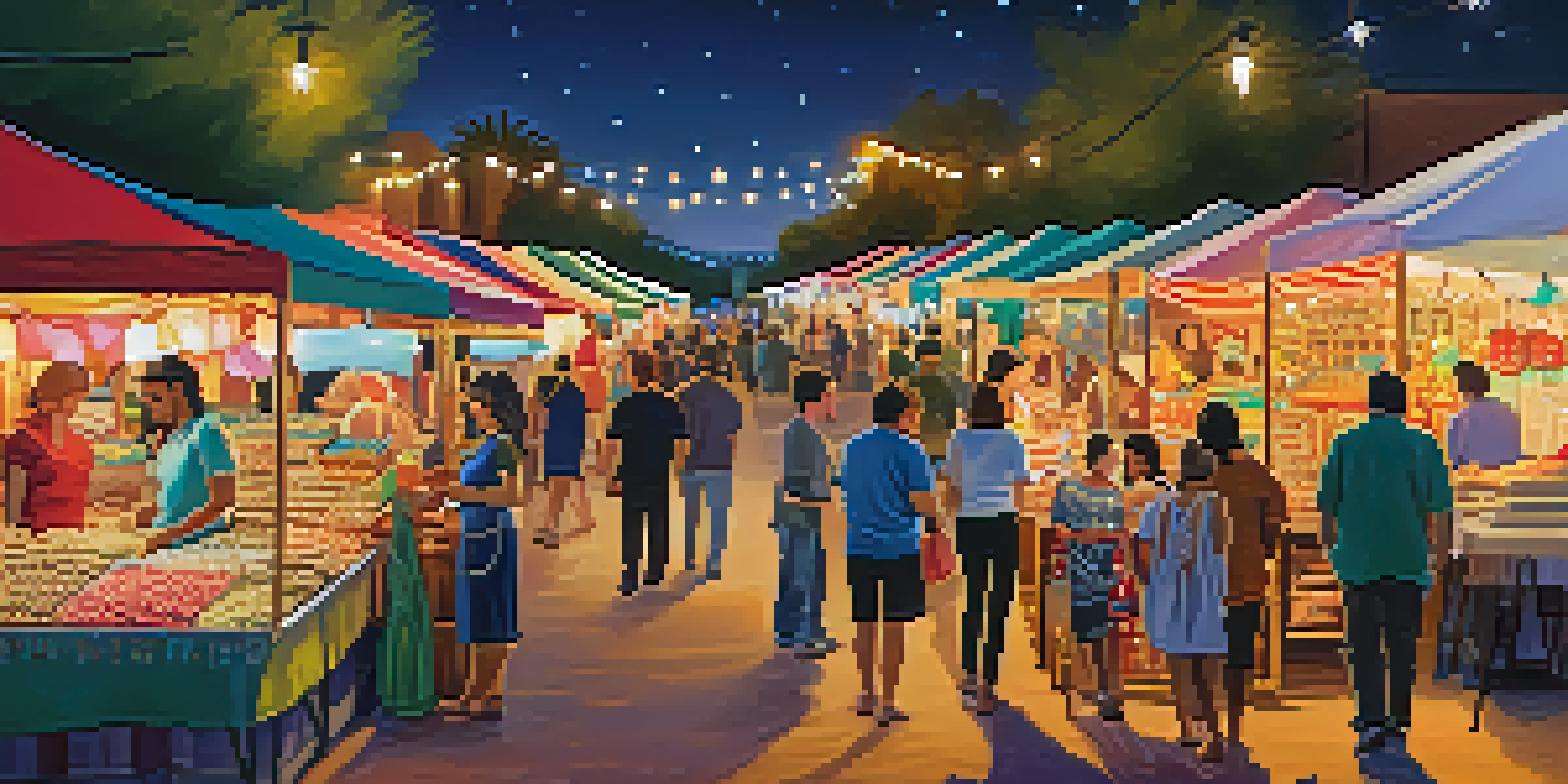A bustling night market in Scottsdale with colorful stalls, shoppers exploring handmade goods, and food vendors under a starry sky.