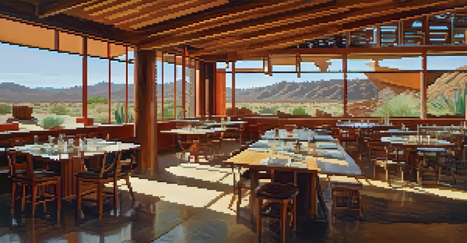The interior of Taliesin West showing warm wood textures, art pieces, and students collaborating in a spacious, well-lit environment.