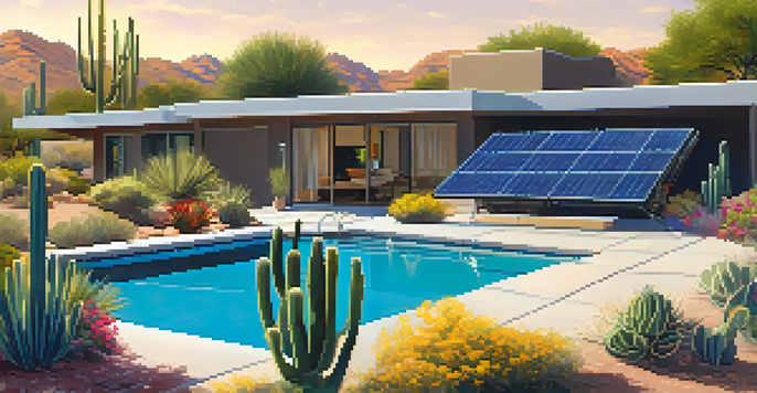 A solar panel installation on a modern home with desert landscaping in Scottsdale, Arizona, under a bright blue sky.