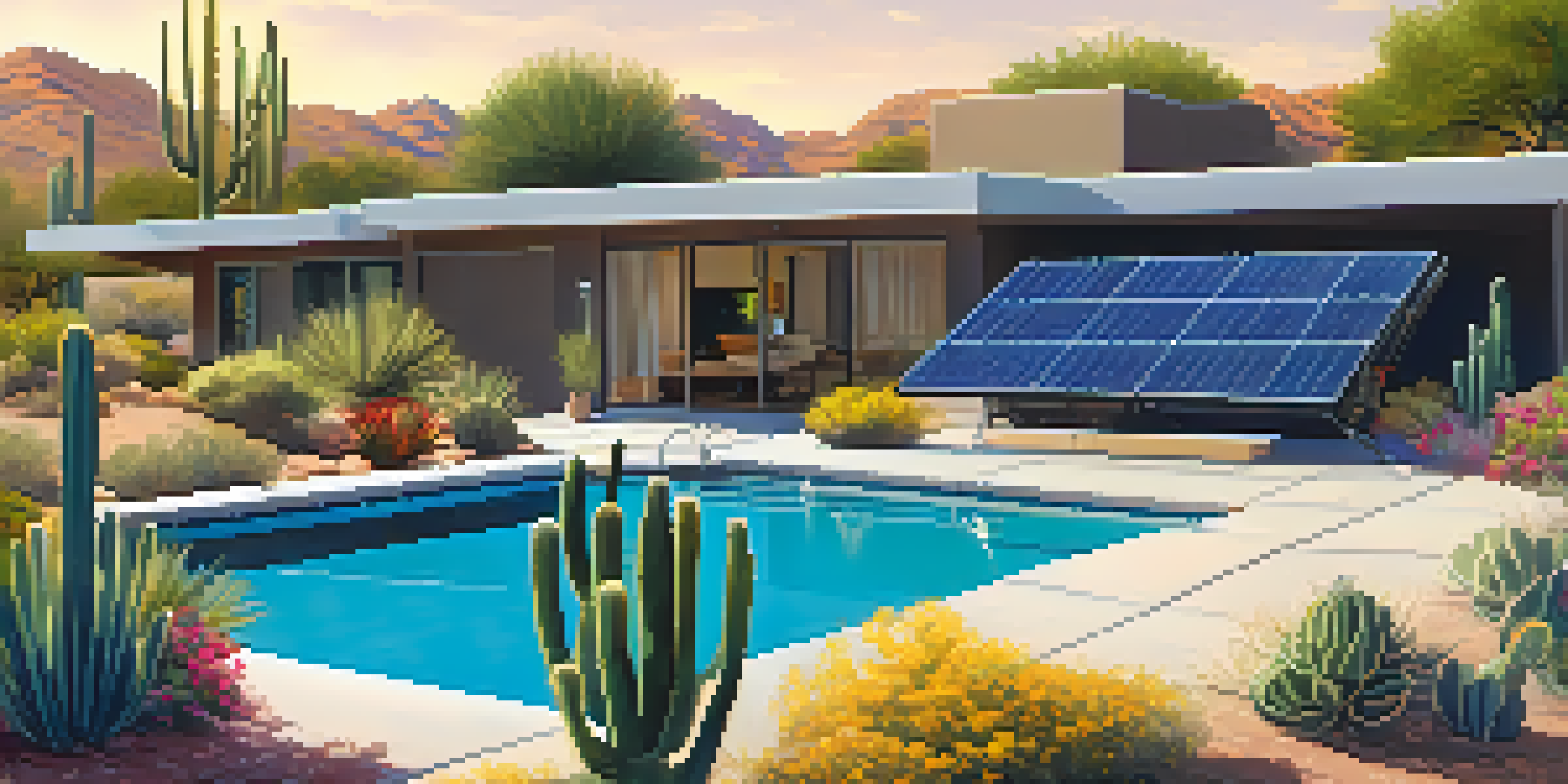 A solar panel installation on a modern home with desert landscaping in Scottsdale, Arizona, under a bright blue sky.