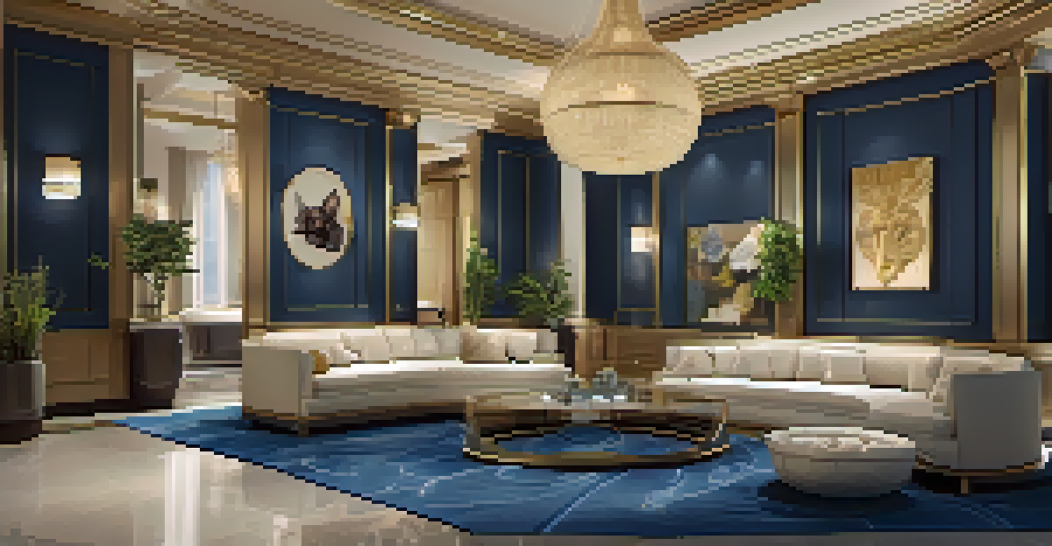 A luxurious pet hotel featuring elegant pet accommodations and a groomer pampering a small dog.