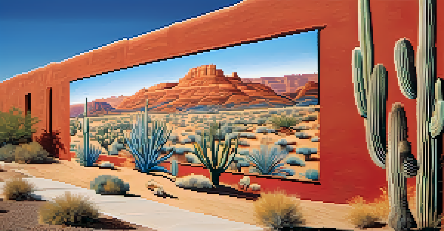A colorful public mural in Scottsdale showcasing Southwestern landscapes and traditional motifs on a bright wall.