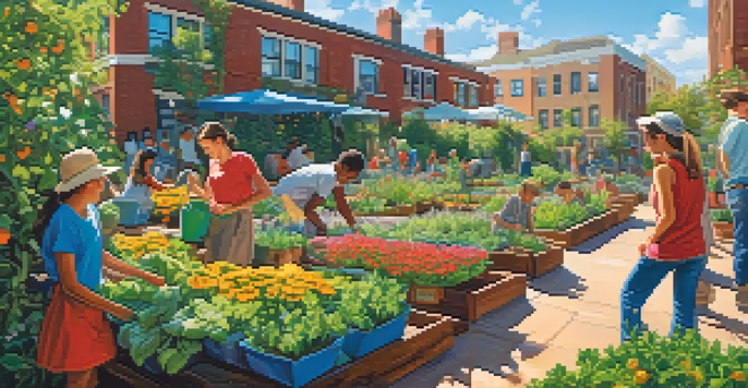 A lively urban garden with young people gardening, surrounded by colorful flowers and vegetables, under a clear blue sky.