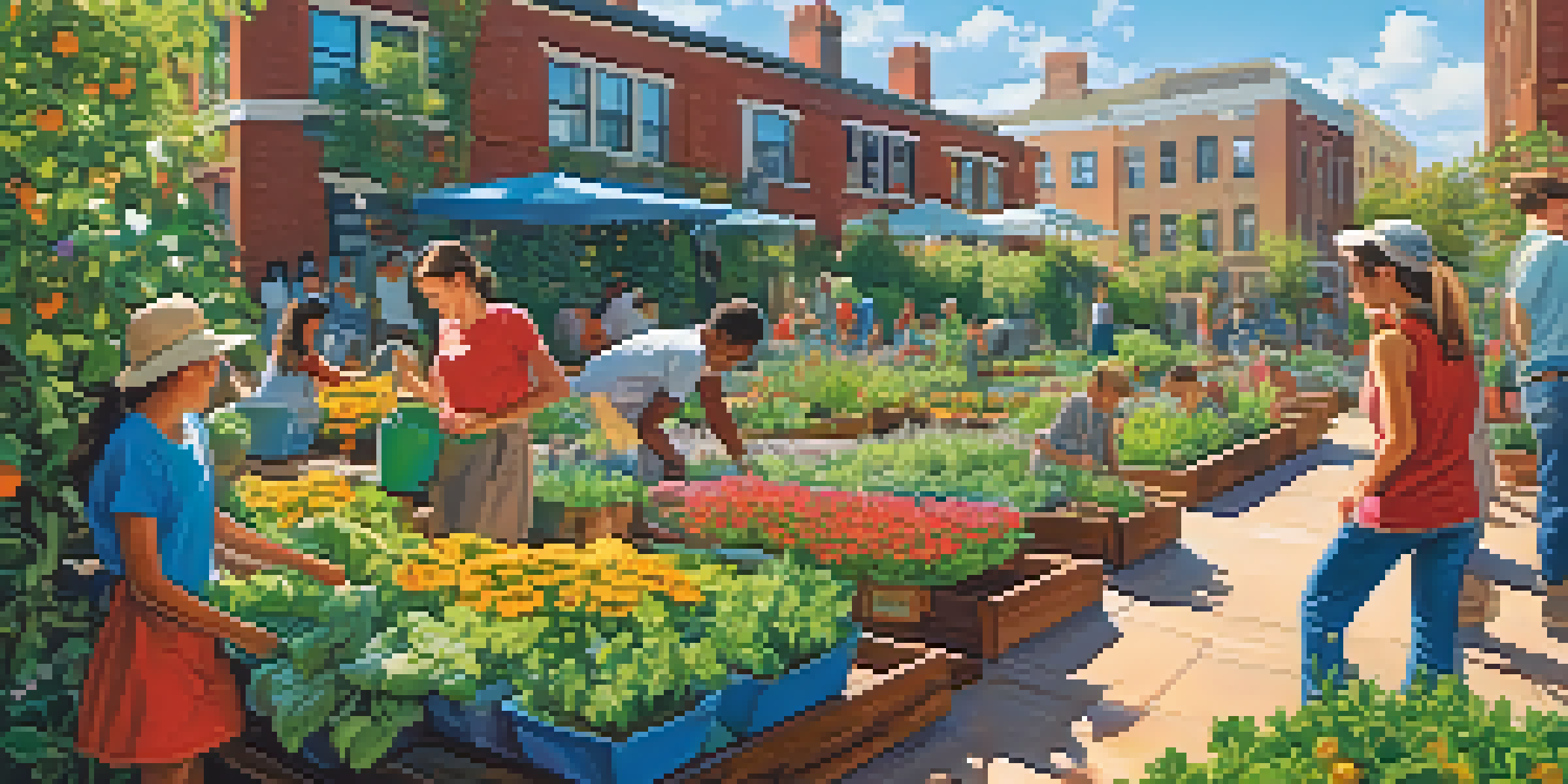 A lively urban garden with young people gardening, surrounded by colorful flowers and vegetables, under a clear blue sky.
