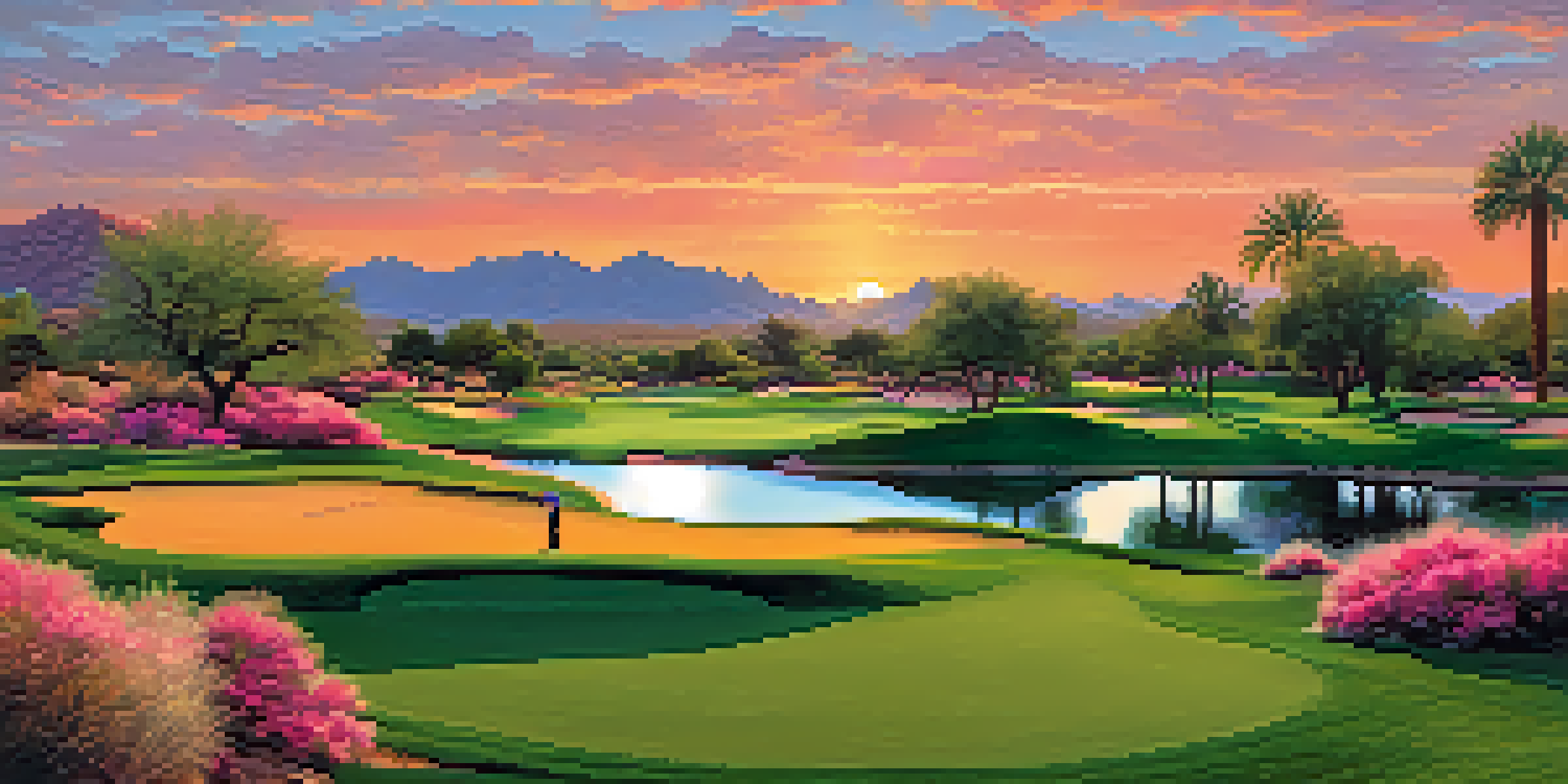A golfer preparing to swing on a lush green golf course in Scottsdale at sunrise, with a colorful sky and desert plants around.