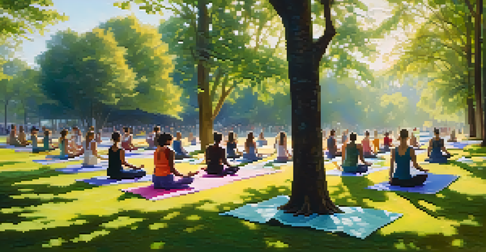 A peaceful outdoor yoga class in a lush park with participants practicing on colorful mats under soft morning sunlight.