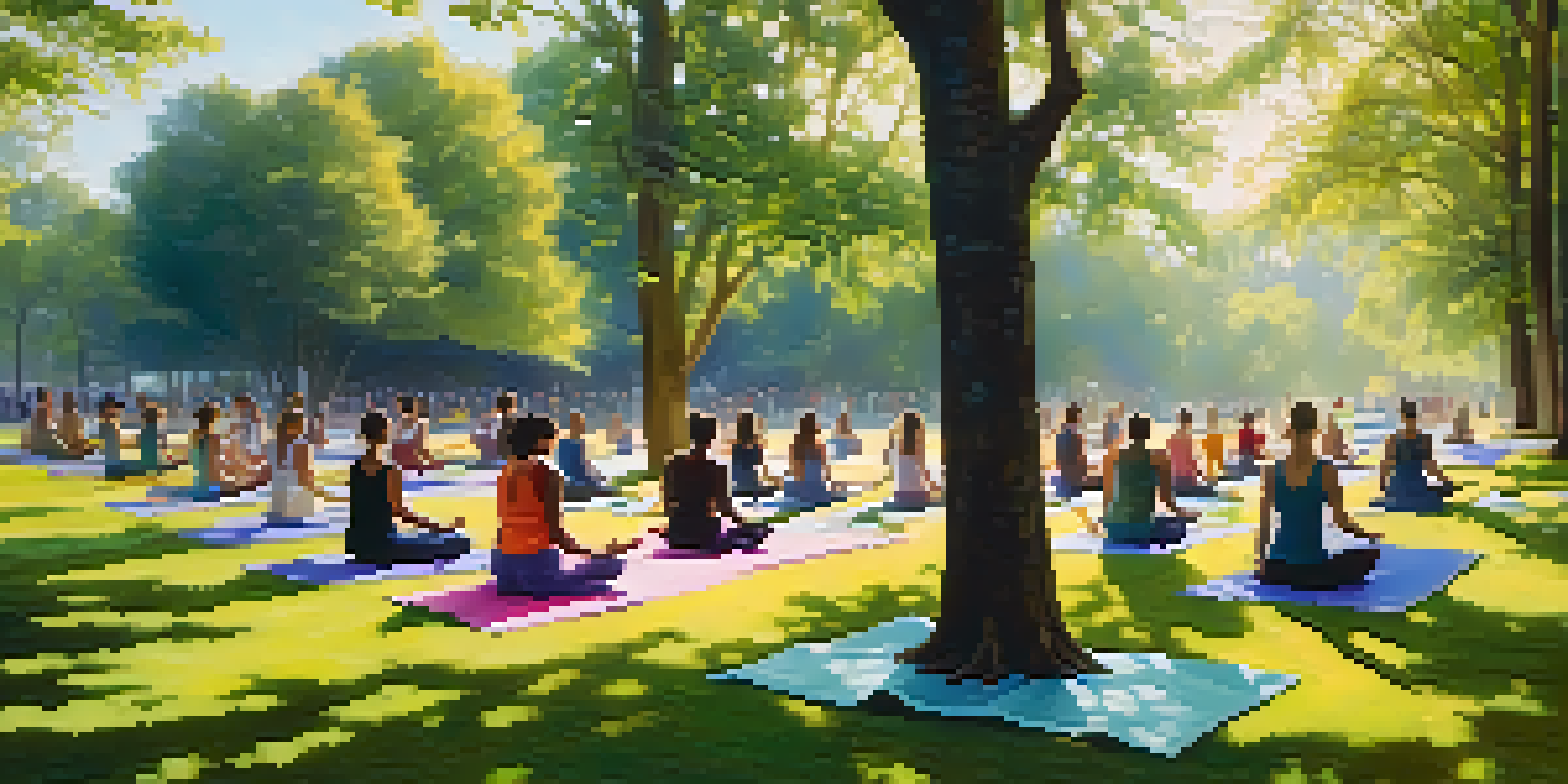 A peaceful outdoor yoga class in a lush park with participants practicing on colorful mats under soft morning sunlight.