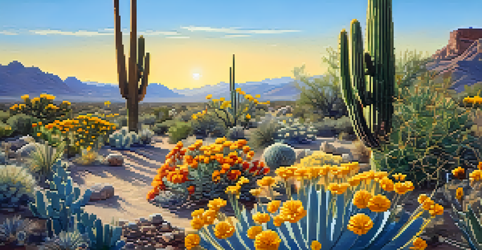 A colorful desert garden with native plants, including Saguaro cacti and Desert Marigolds, under a clear blue sky with butterflies and birds.