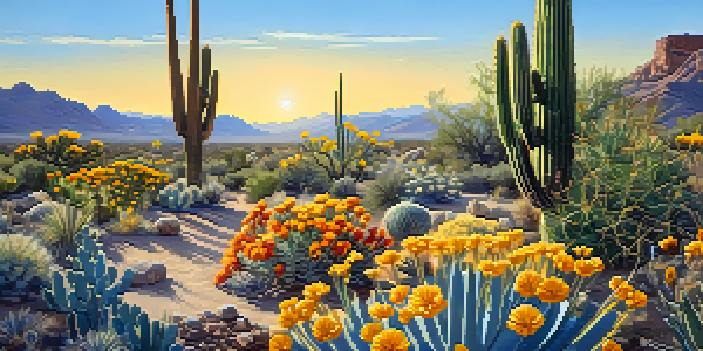 A colorful desert garden with native plants, including Saguaro cacti and Desert Marigolds, under a clear blue sky with butterflies and birds.