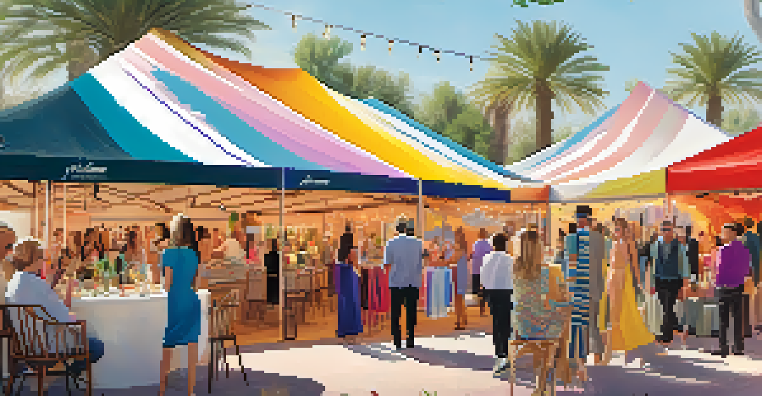 A lively luxury pop-up event showcasing designer products and engaging visitors in a festive outdoor setting.