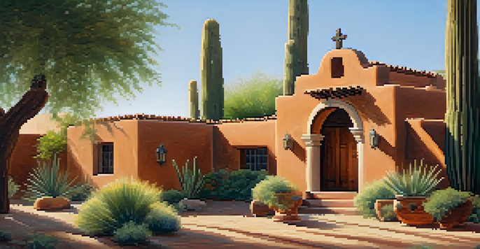 A scenic view of the Old Adobe Mission, featuring its adobe architecture and landscaped courtyard during sunset.