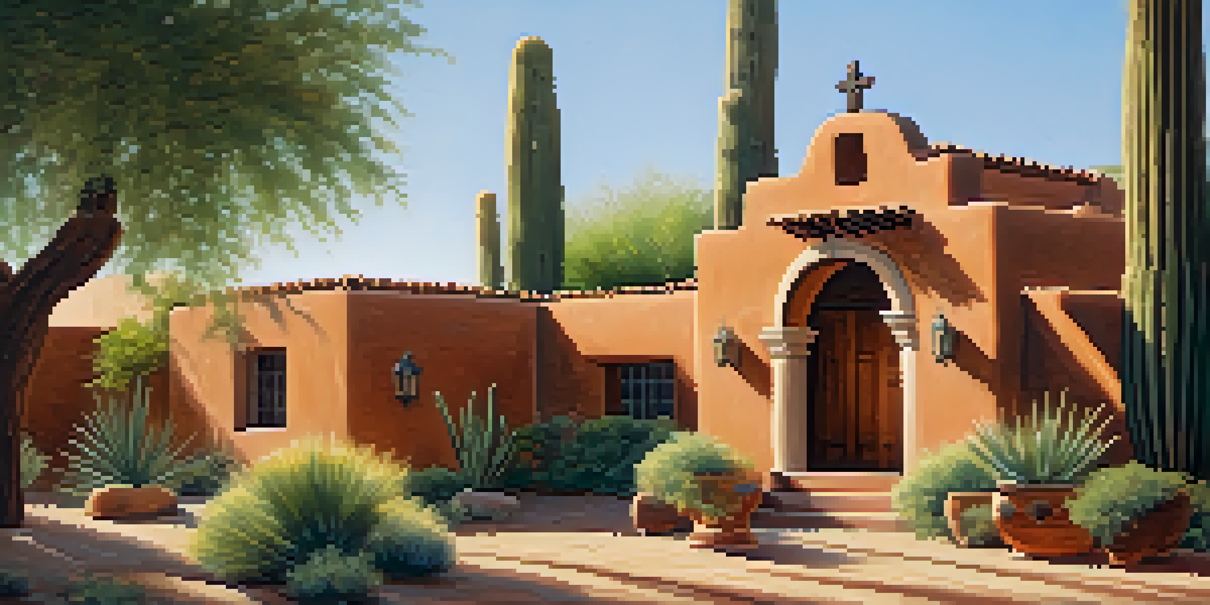 A scenic view of the Old Adobe Mission, featuring its adobe architecture and landscaped courtyard during sunset.