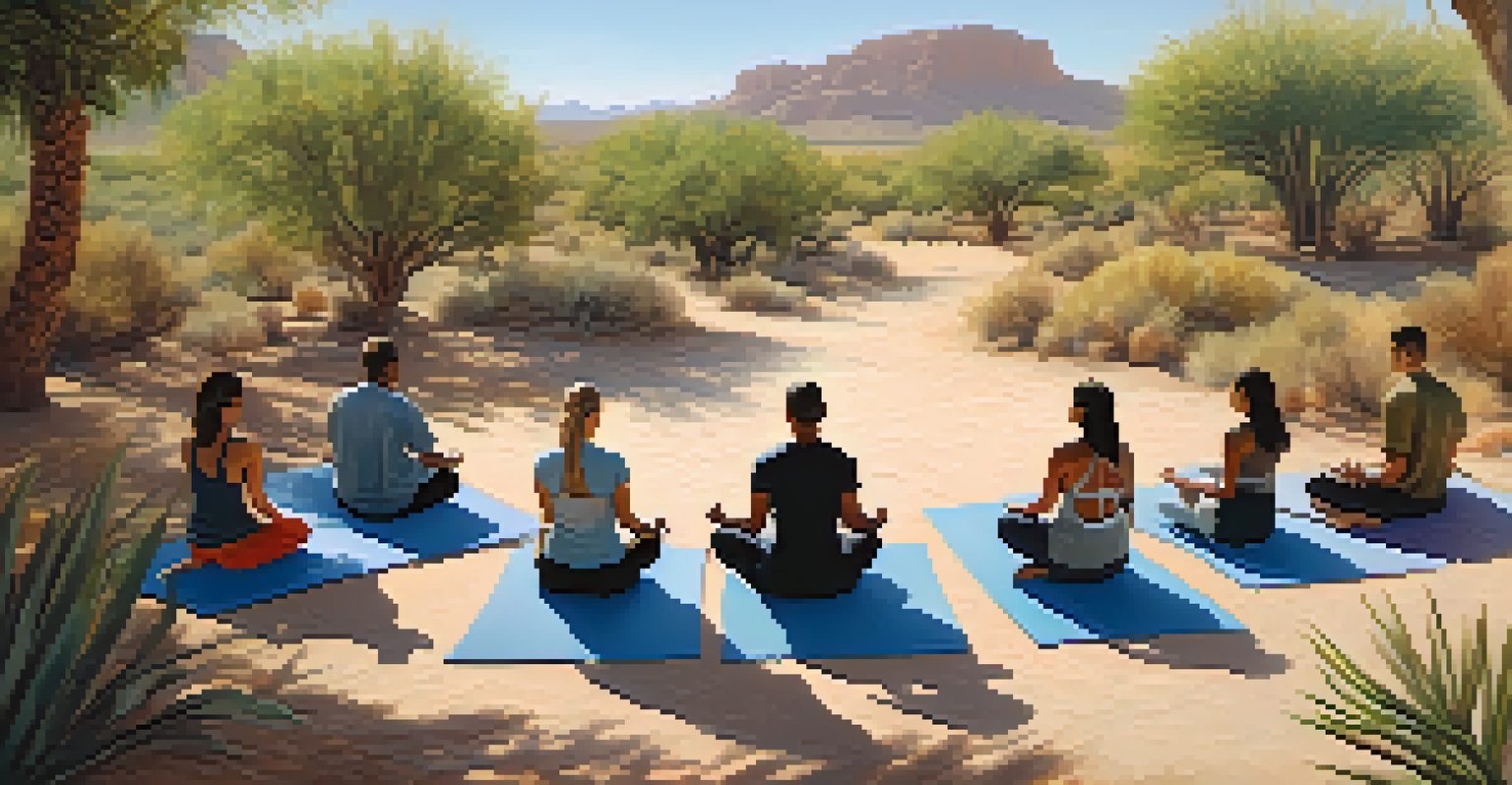 A group of people in a circle practicing mindfulness meditation in the desert.