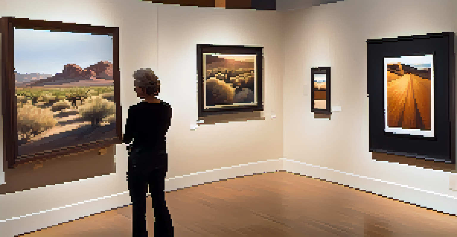 A photography gallery with visitors admiring the displayed photographs and a photographer taking pictures, warm lighting creates a cozy atmosphere.