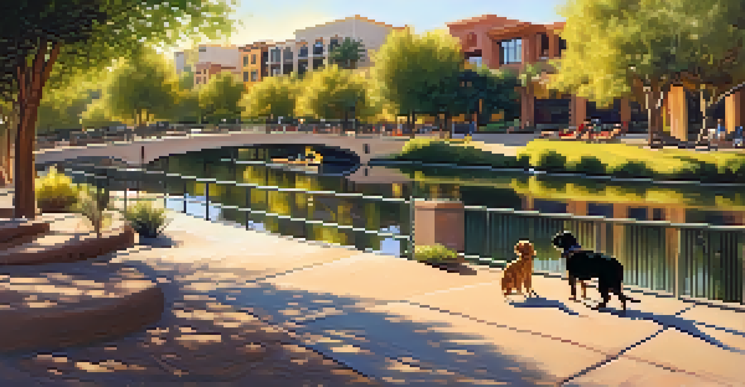 A peaceful walk at Scottsdale Waterfront with a dog and its owner by the canal, surrounded by greenery.