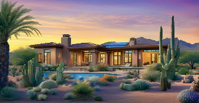 A beautiful sunset view of luxury homes in Scottsdale, surrounded by desert landscapes, featuring solar panels and palm trees.