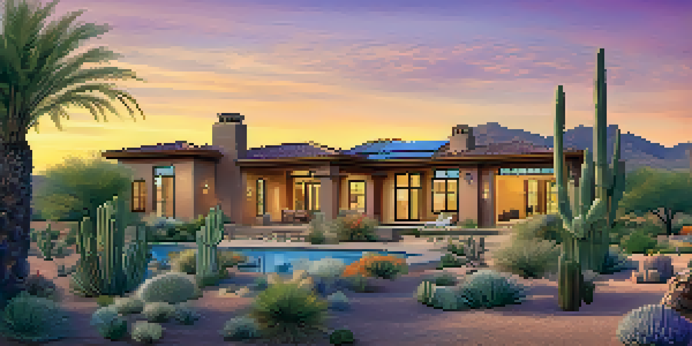 A beautiful sunset view of luxury homes in Scottsdale, surrounded by desert landscapes, featuring solar panels and palm trees.