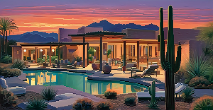 A beautiful desert sunset with colorful sky, cacti in the foreground, and a luxury resort in the background.