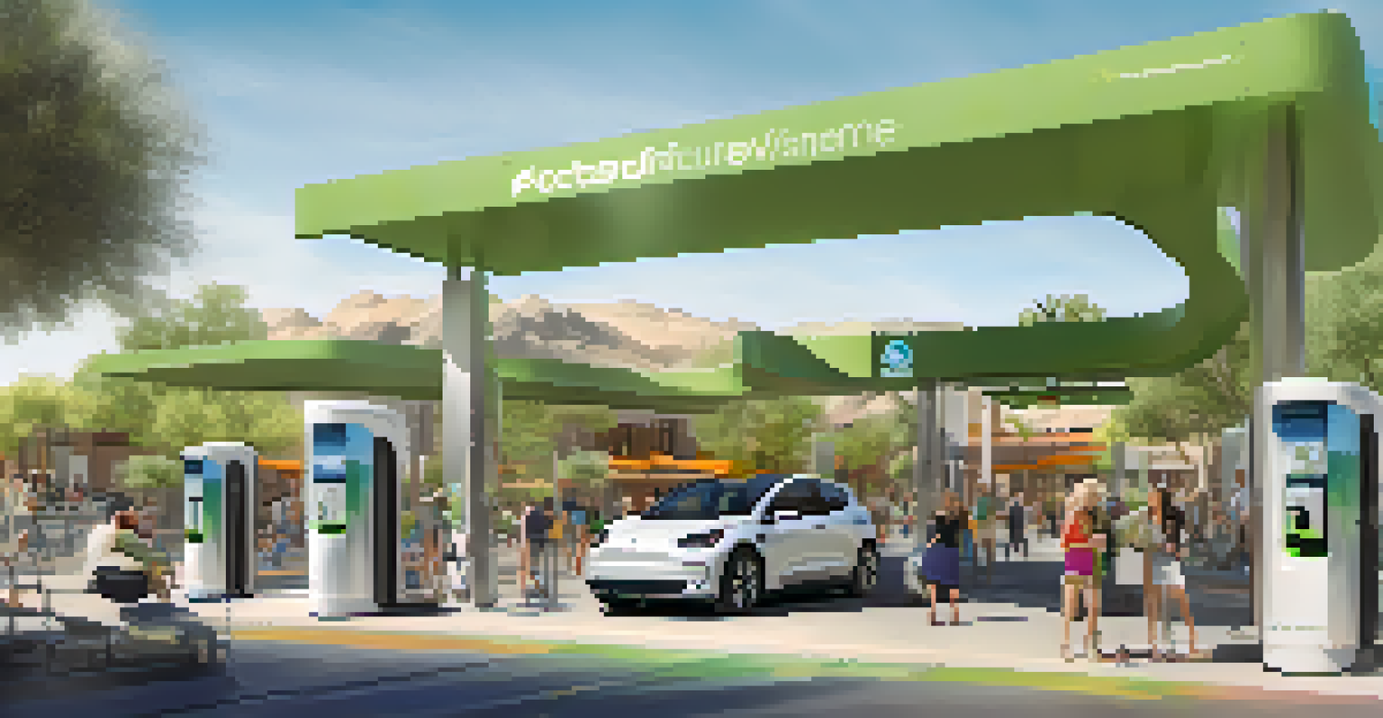 A busy plaza in Scottsdale featuring an outdoor electric vehicle charging station with people enjoying shopping and dining around it.