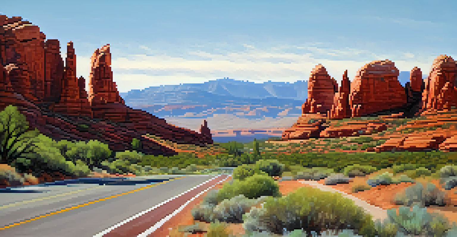 A panoramic view of red rock formations along a scenic byway with a chapel in the background.