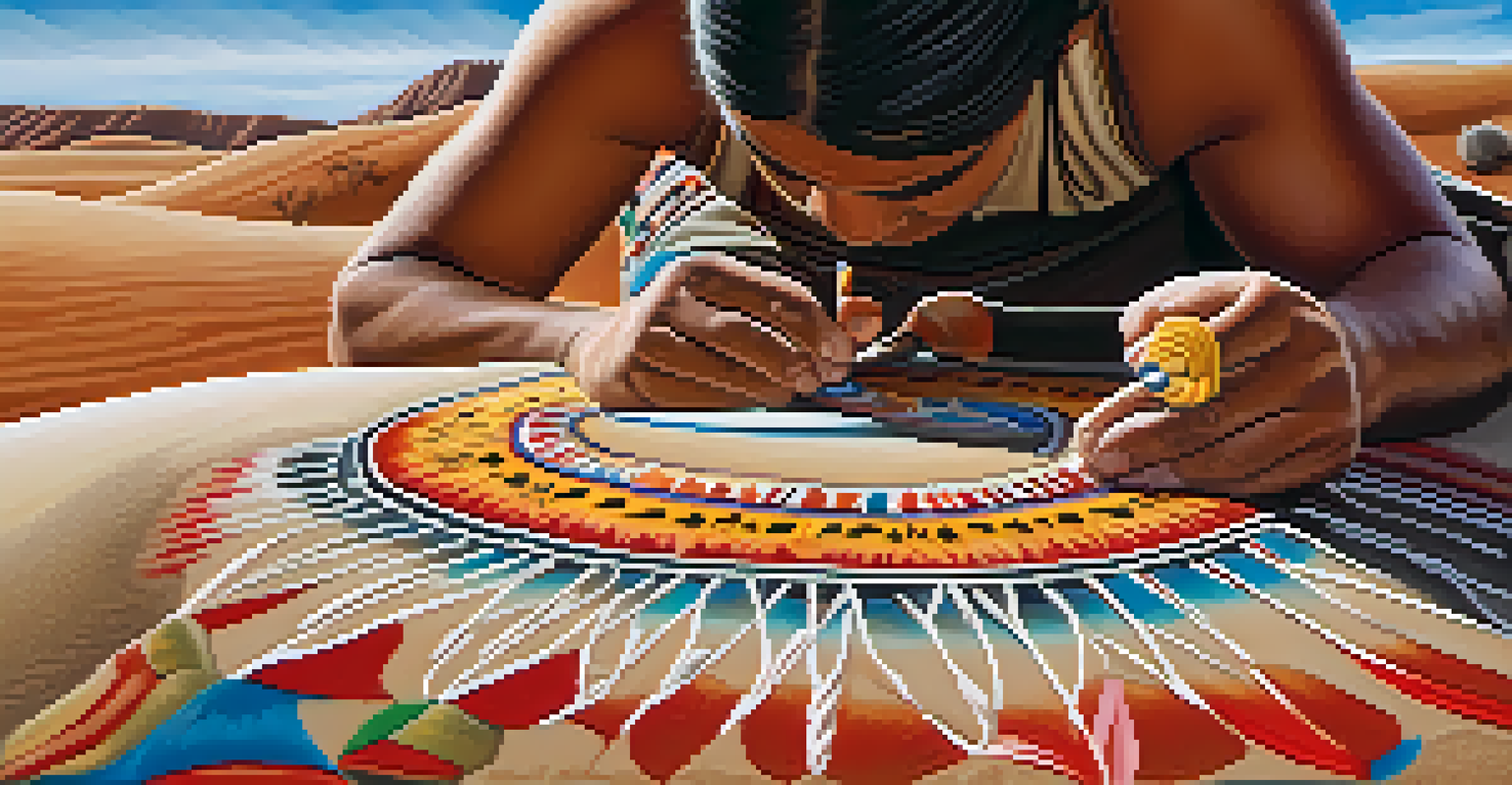 An artisan is creating a colorful sand painting, displaying intricate patterns and vibrant colors, with natural desert elements in the background.
