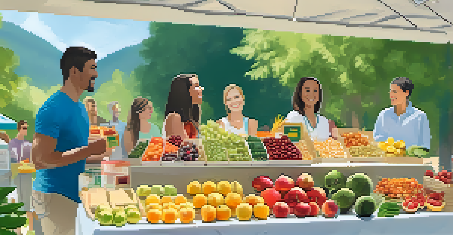 A vendor's booth at a health fair showcasing organic snacks and fruits, with a vendor demonstrating meal prep ideas to attendees.