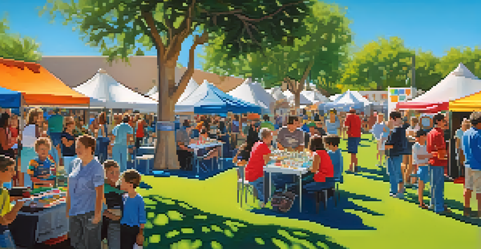 A bustling outdoor art festival with artists showcasing their work, families enjoying activities, and a bright blue sky in the background.