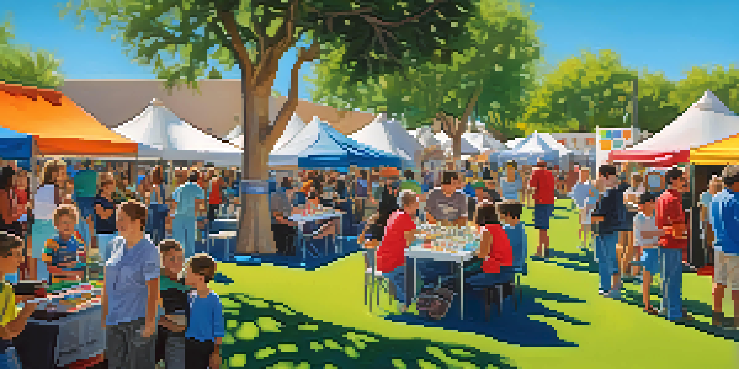 A bustling outdoor art festival with artists showcasing their work, families enjoying activities, and a bright blue sky in the background.
