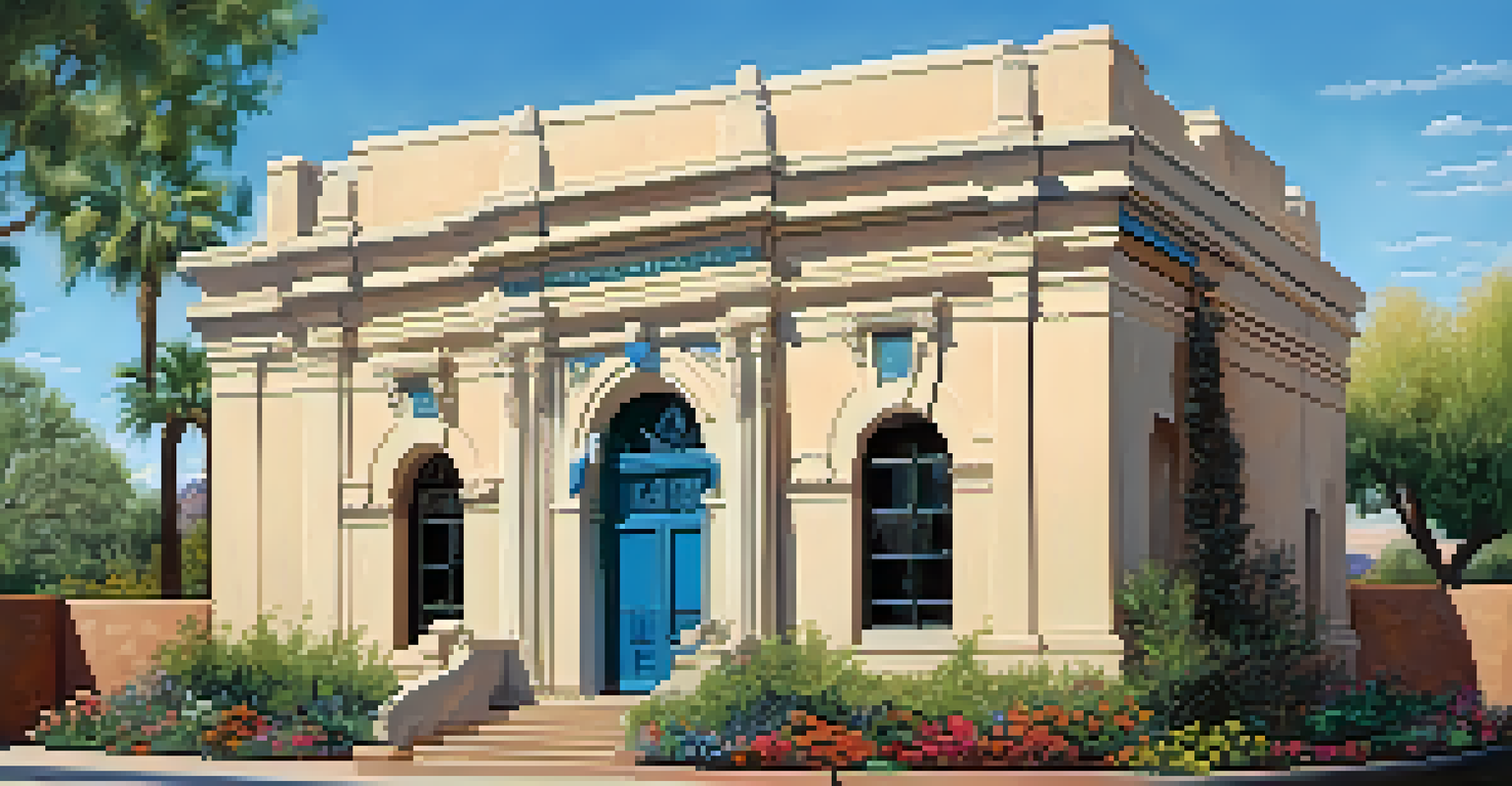 A picturesque historical building in Scottsdale surrounded by greenery and flowers, with a clear blue sky and an informational plaque in the foreground.
