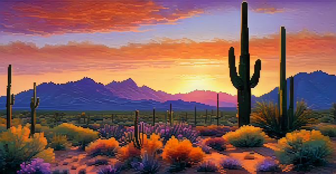 A picturesque desert landscape with saguaros and wildflowers during sunset, showcasing a colorful sky.