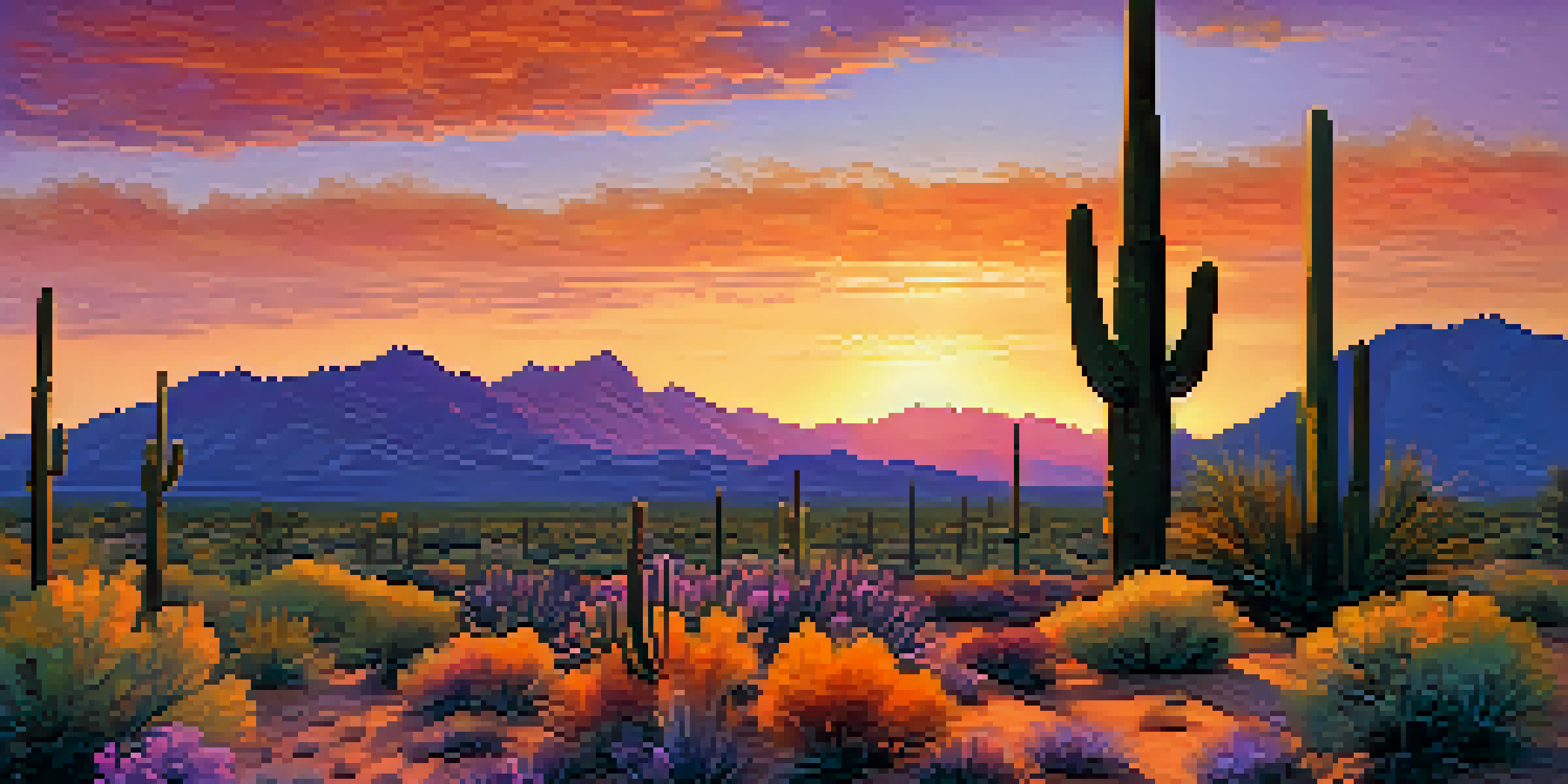 A picturesque desert landscape with saguaros and wildflowers during sunset, showcasing a colorful sky.
