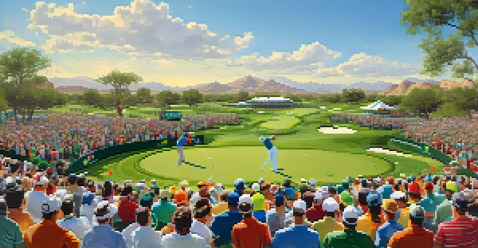 A lively golf tournament scene at the Waste Management Phoenix Open with fans celebrating a hole-in-one at the 16th hole.