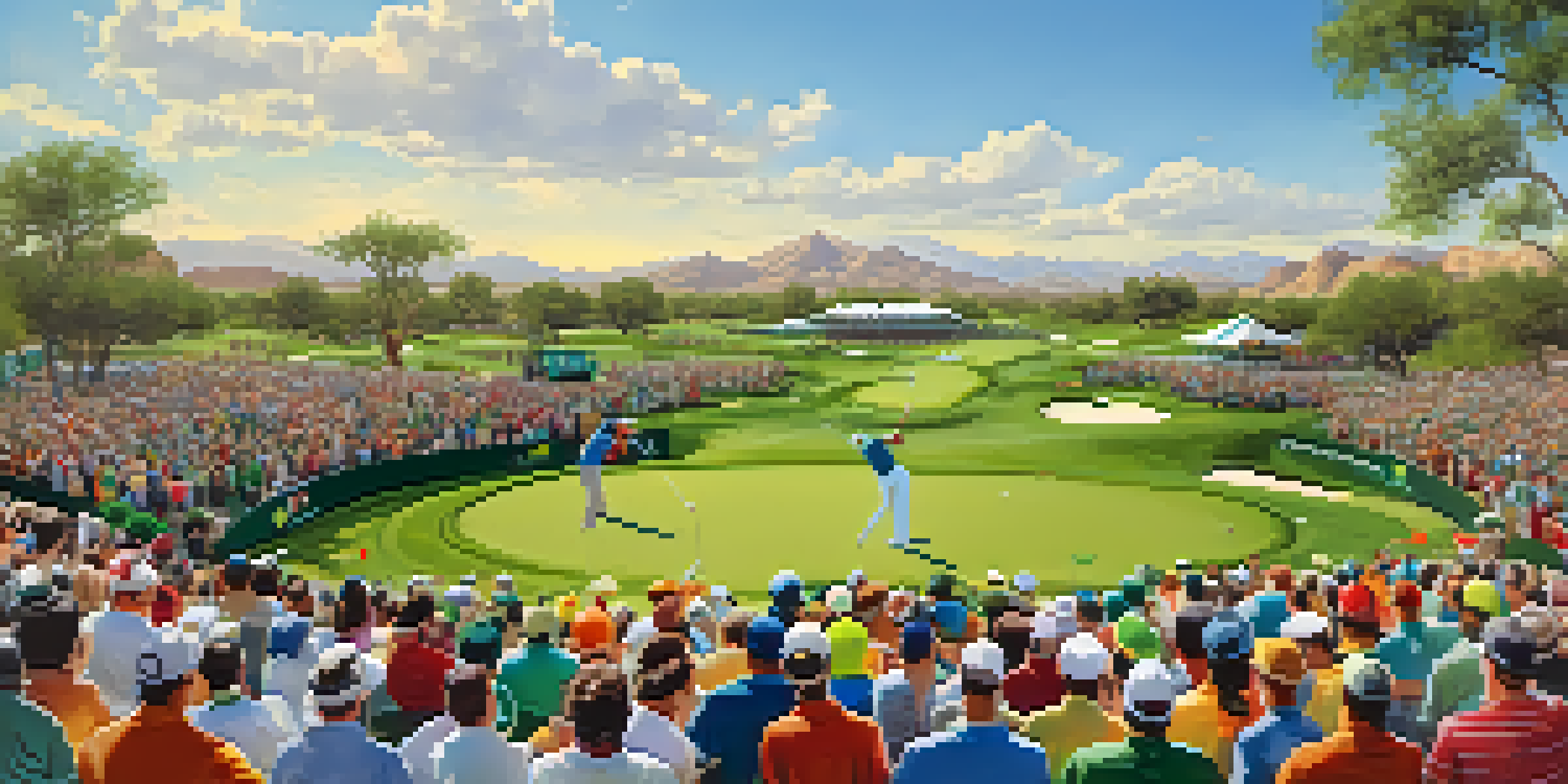 A lively golf tournament scene at the Waste Management Phoenix Open with fans celebrating a hole-in-one at the 16th hole.